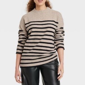 A New Day Crewneck Tunic Pullover Sweater Tan Black Striped Women’s XS Fall Work